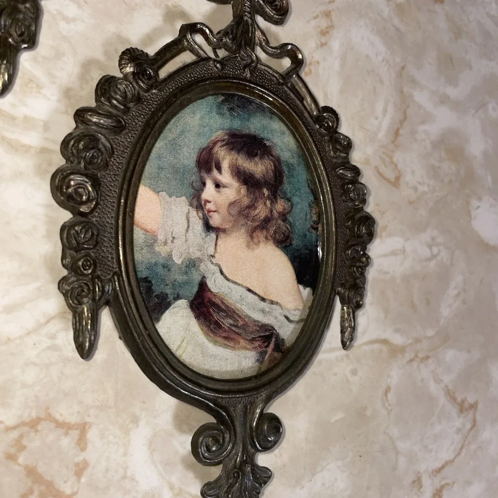 Pair Of‎ Vintage Ornate Metal Oval Picture Frames With Young Child & Mirror